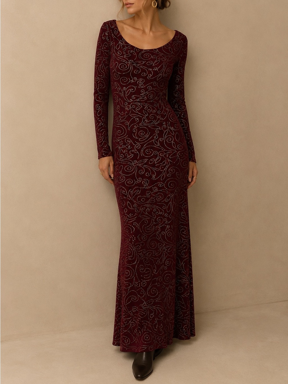 Vintage Jessica McClintock Burgundy Gold Studded Slinky Maxi Dress 8 Y2K 90s